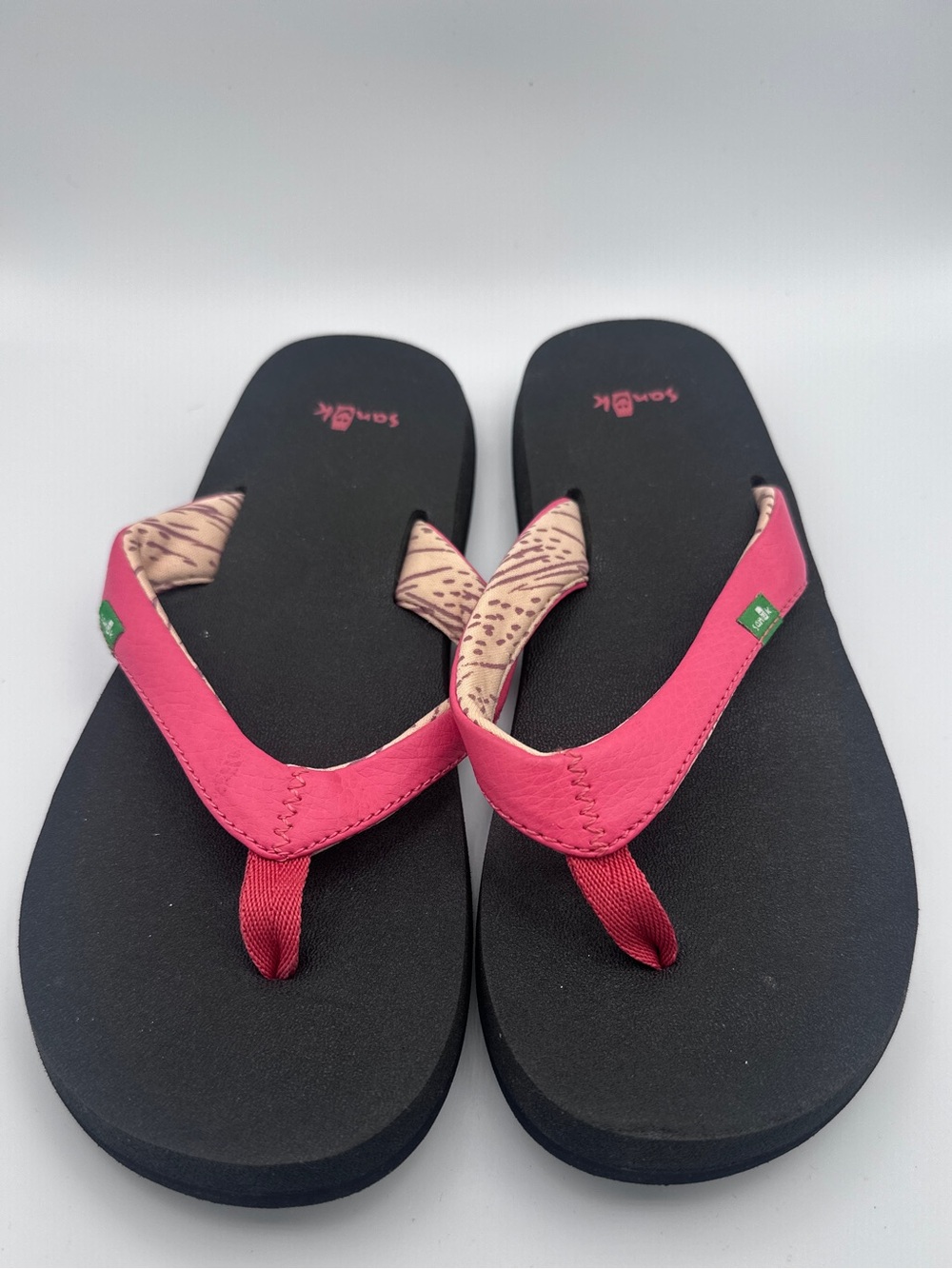 Sanuk Pink Strappy Flip Flops with Black Footbed